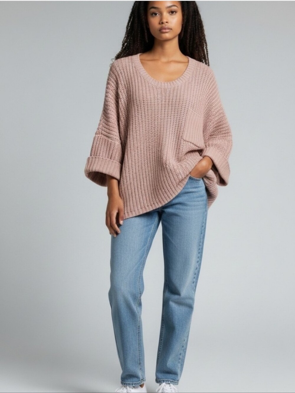 POL Oversized Knit Scoop Neck Sweater - Blush/Dusty Rose Pink Sz M Oversized